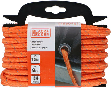 BLACK+DECKER Spanband 15 Meter - Incl. Spanband Oproller - Sjorband - Transport Touw - Elastisch Koord - met Reflecterende Delen - Transportbeheer - Nylon/ Kunststof - Oranje/Zwart